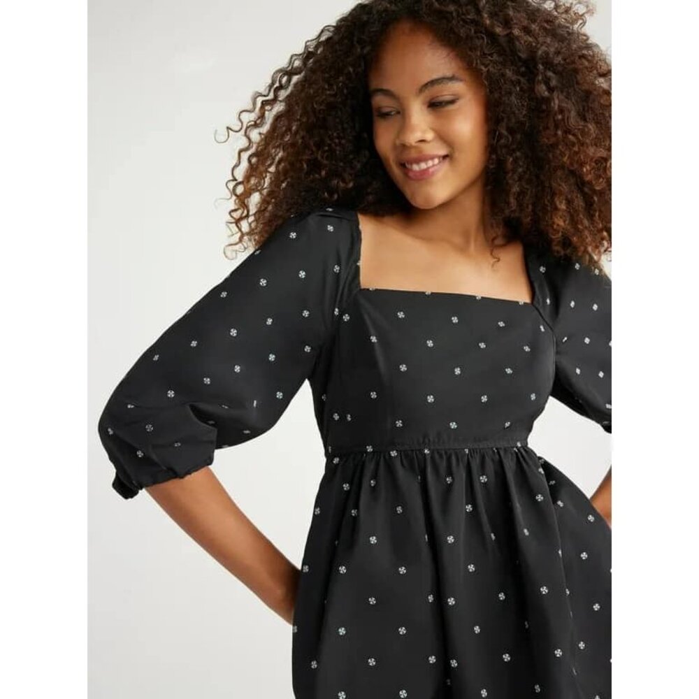 NWT Free Assembly Square Neck 3/4 Sleeve Dress, Blk/Wht Print MED Recycled! $34 - Picture 2 of 10